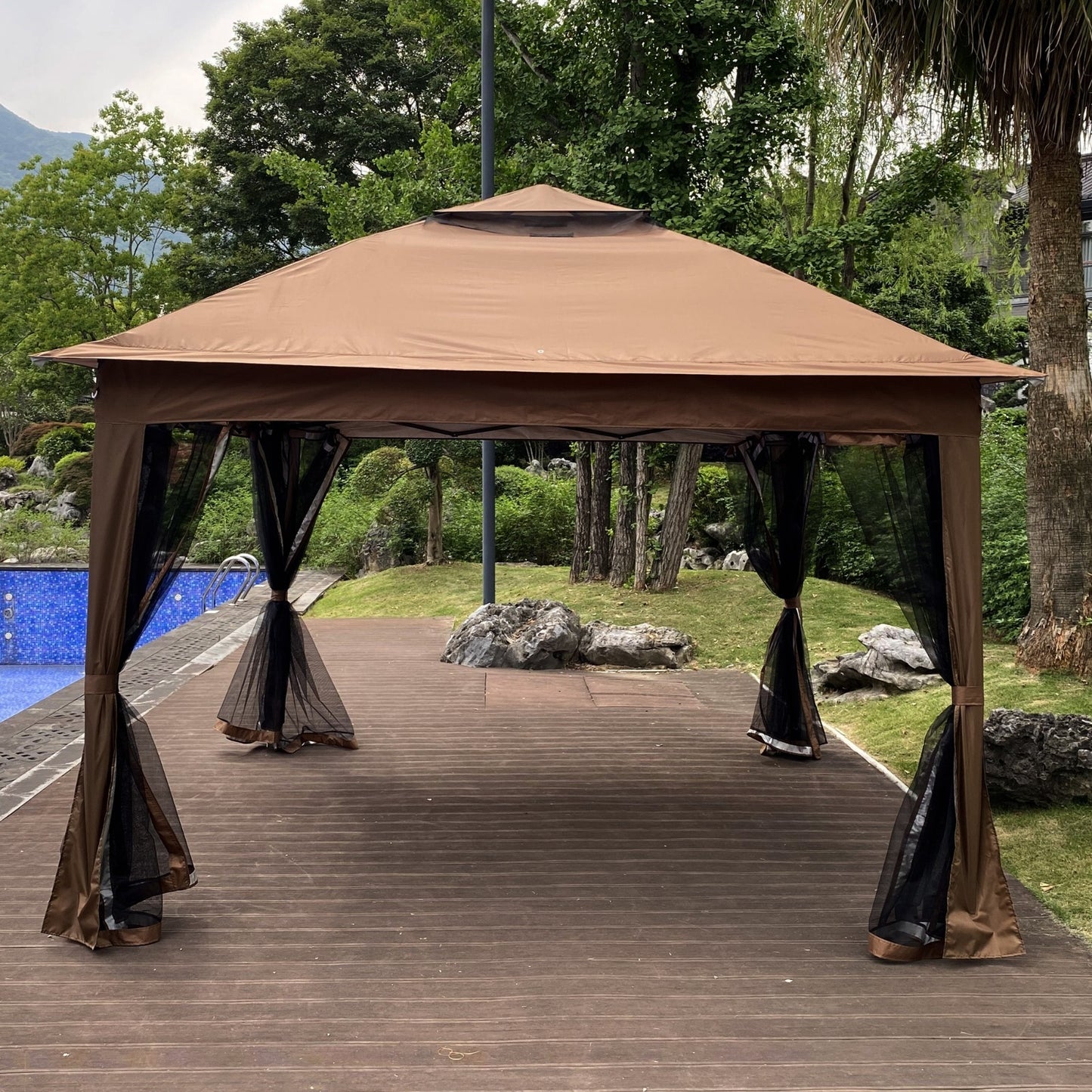 Outdoor 11x11 Ft Up Gazebo Canopy With Zipper Netting, 2-Tier Soft Top Tent