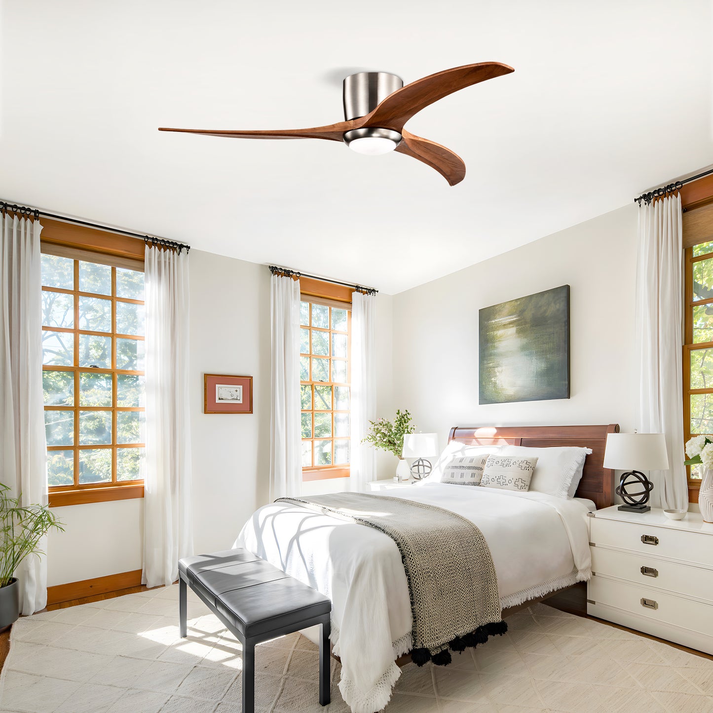 52 Inches Recessed Ceiling Fan Solid Wood Blade Ceiling Fan With Light Strip Remote Control, Noiseless Reversible Motor, 6 Speed, Suitable For Patio Living Room, Bedroom, Indoor, Nickel Color