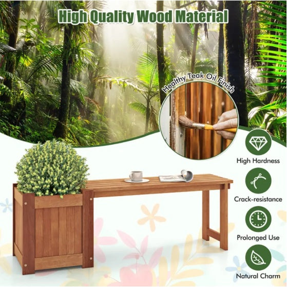 Teak Oil Finish Raised Garden Bed Wood Planter Box With Bench