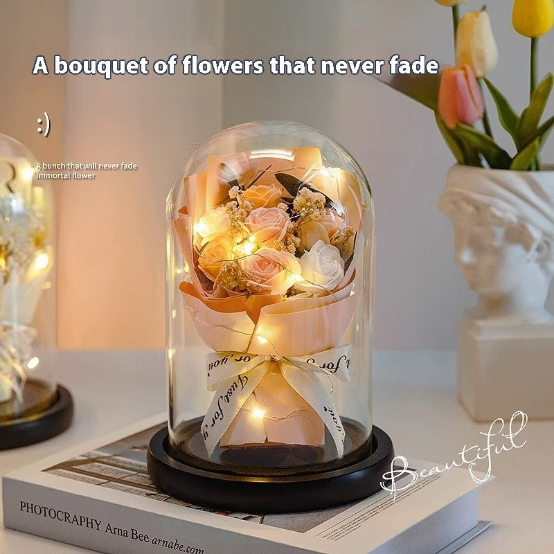 Luminous Rose Glass Cover Finished Product For Girlfriend Bouquet Birthday Gift Practical Decoration