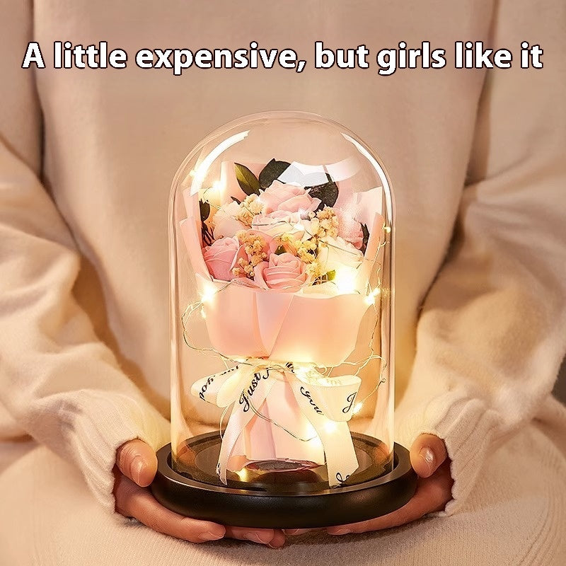 Luminous Rose Glass Cover Finished Product For Girlfriend Bouquet Birthday Gift Practical Decoration