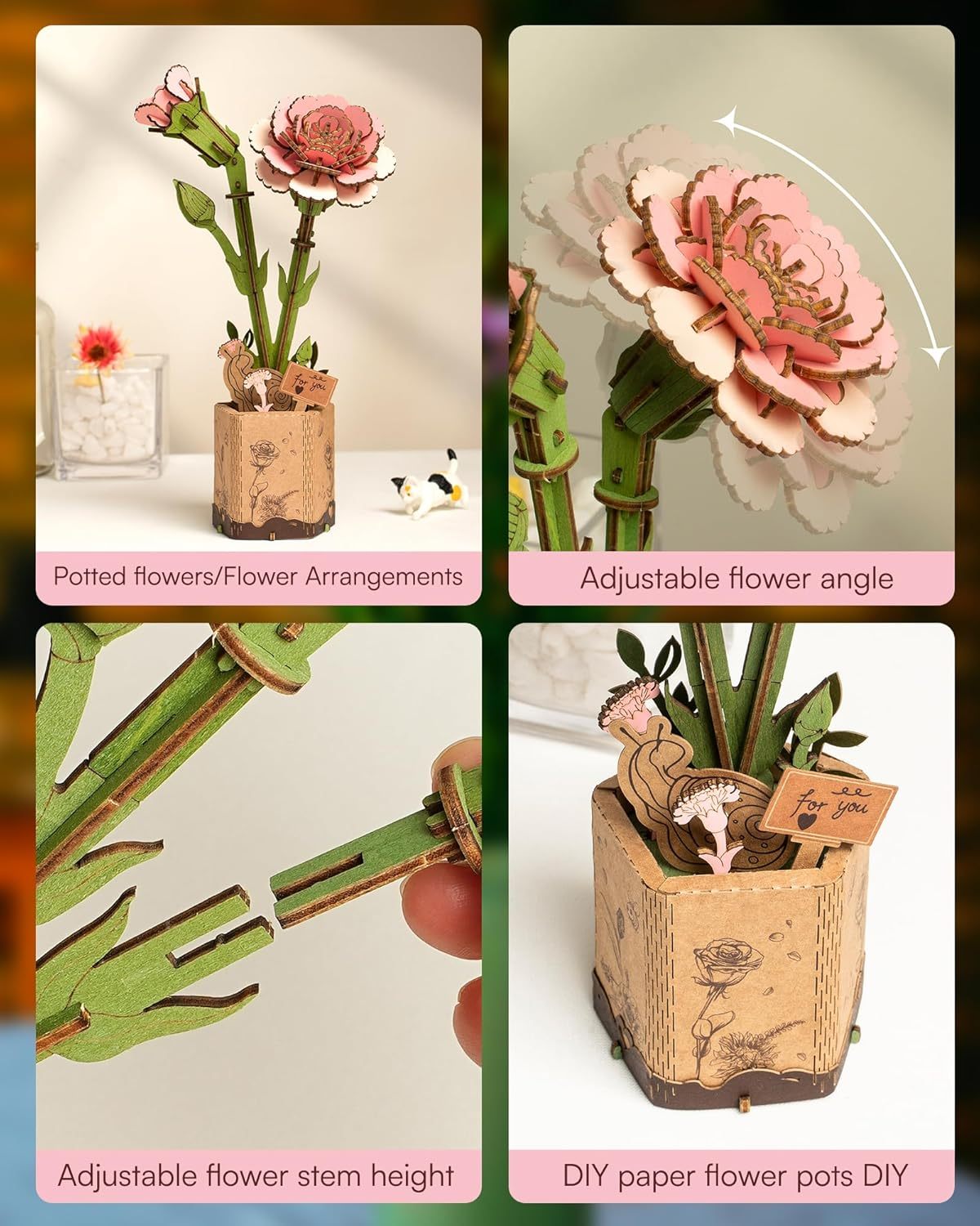 ROBOTIME 3D Puzzle Flowers Wooden Model Kits For Adults To Build, Artificial Flowers For Decoration, Home Decor Accessories Living Room, Gifts For Women On Valentine's Day & Birthday, TW051
