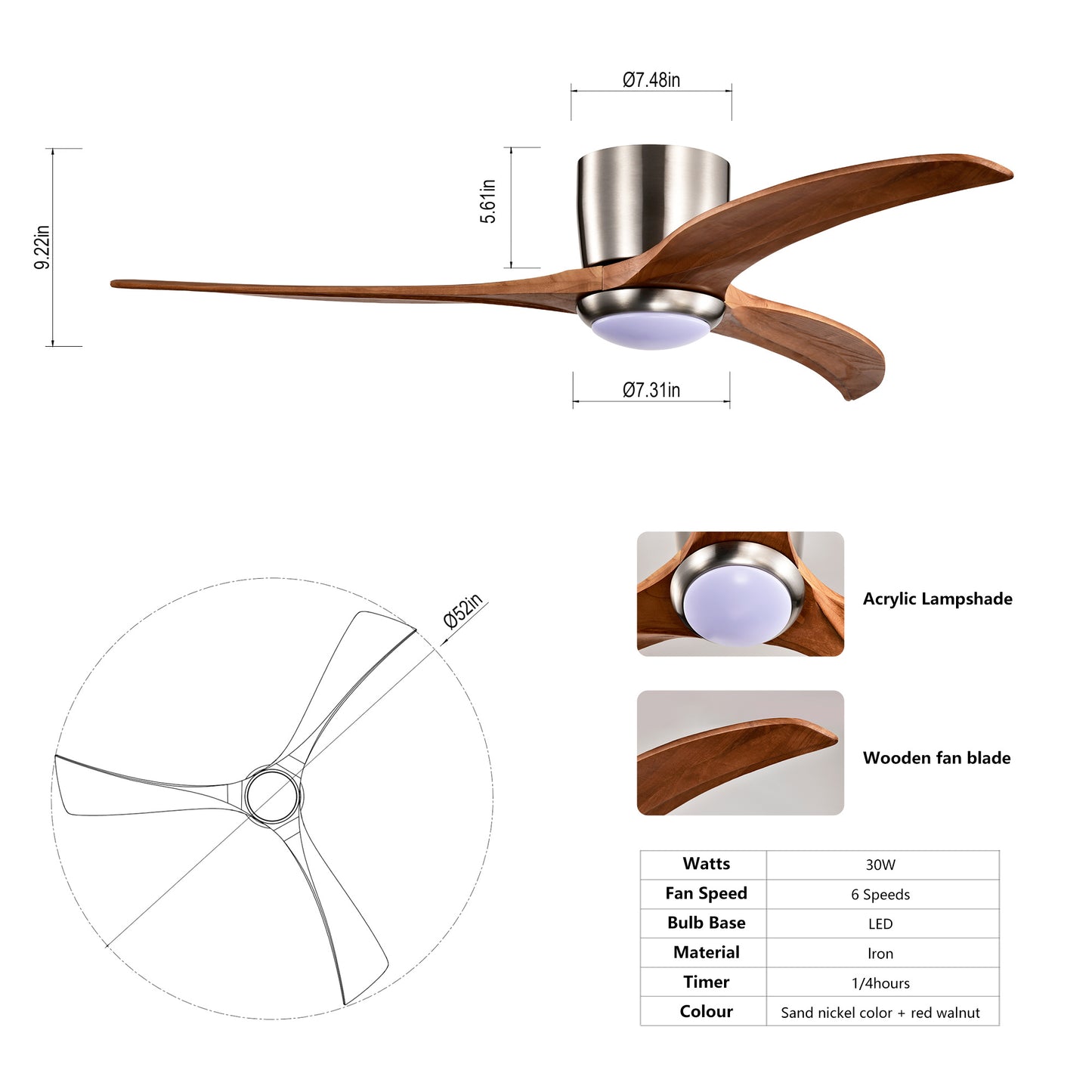 52 Inches Recessed Ceiling Fan Solid Wood Blade Ceiling Fan With Light Strip Remote Control, Noiseless Reversible Motor, 6 Speed, Suitable For Patio Living Room, Bedroom, Indoor, Nickel Color