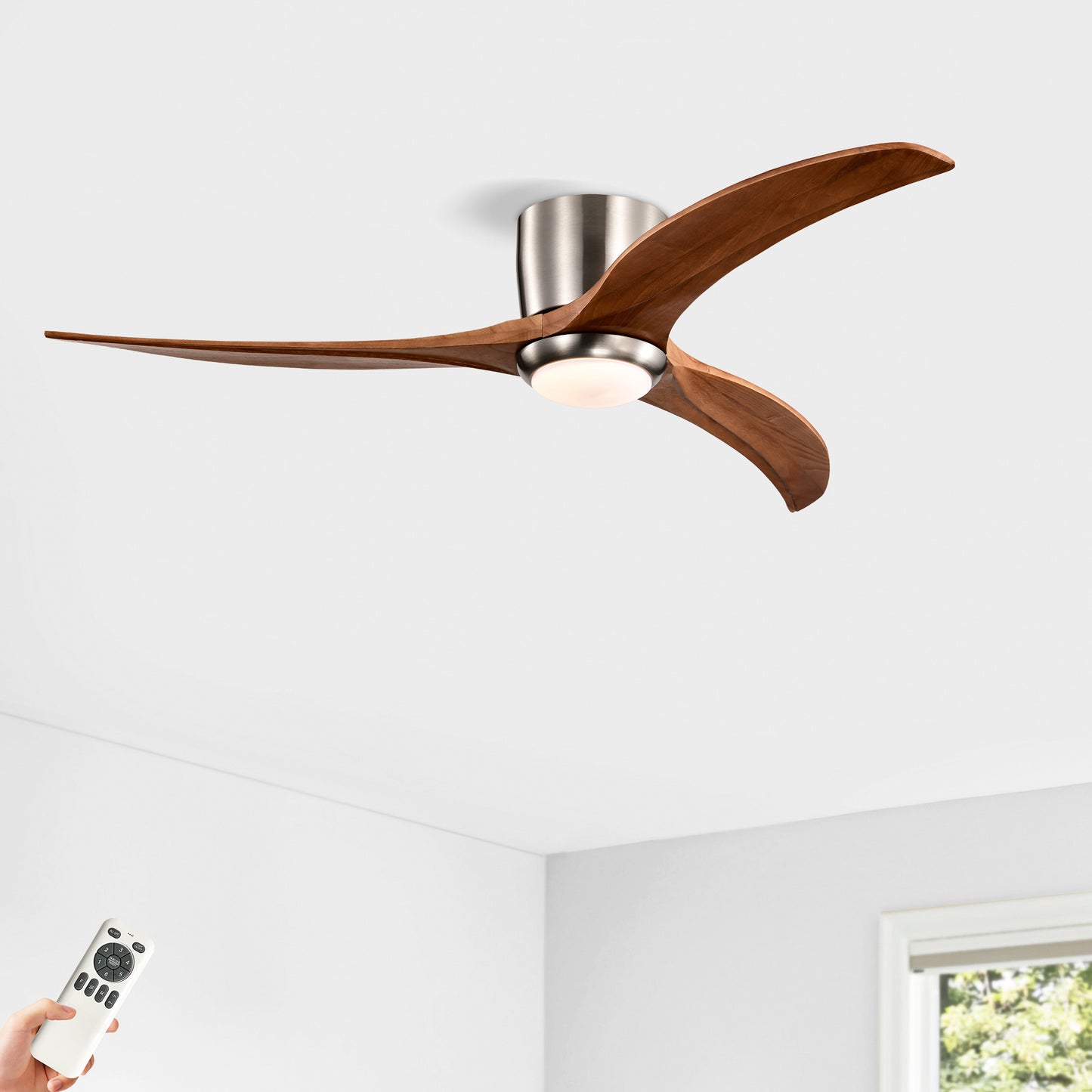 52 Inches Recessed Ceiling Fan Solid Wood Blade Ceiling Fan With Light Strip Remote Control, Noiseless Reversible Motor, 6 Speed, Suitable For Patio Living Room, Bedroom, Indoor, Nickel Color