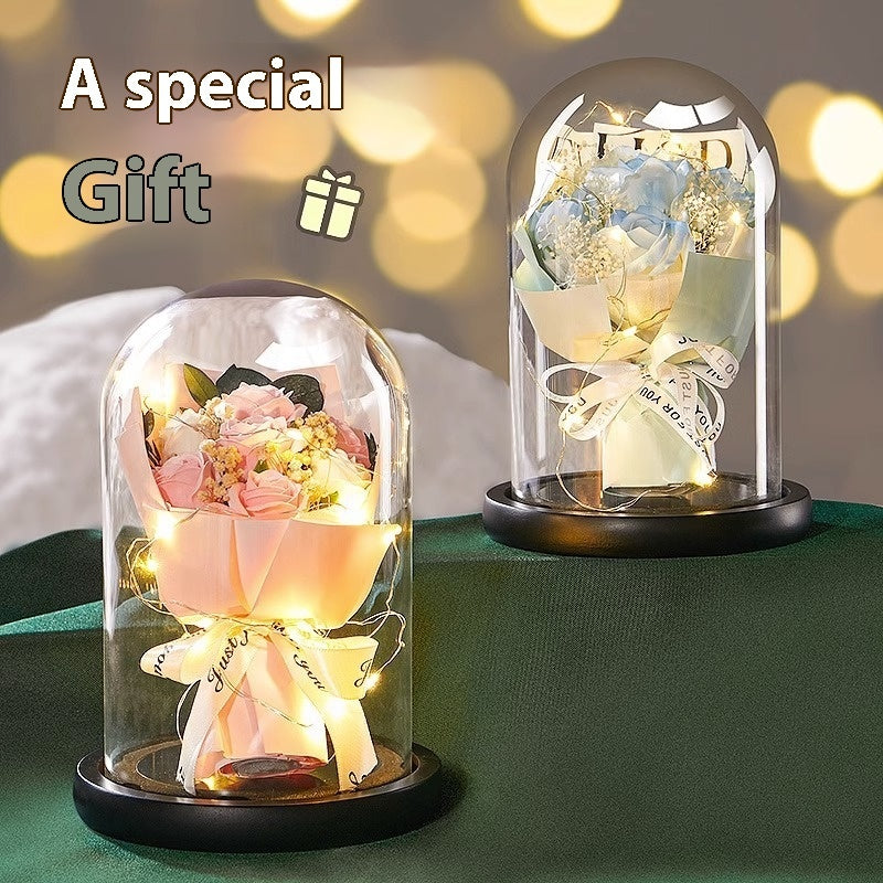 Luminous Rose Glass Cover Finished Product For Girlfriend Bouquet Birthday Gift Practical Decoration