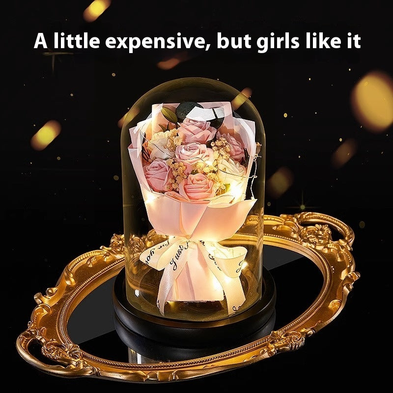 Luminous Rose Glass Cover Finished Product For Girlfriend Bouquet Birthday Gift Practical Decoration