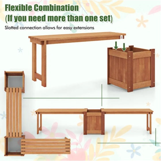 Teak Oil Finish Raised Garden Bed Wood Planter Box With Bench