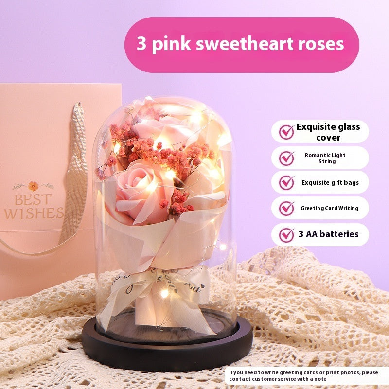 Luminous Rose Glass Cover Finished Product For Girlfriend Bouquet Birthday Gift Practical Decoration
