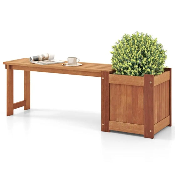 Teak Oil Finish Raised Garden Bed Wood Planter Box With Bench