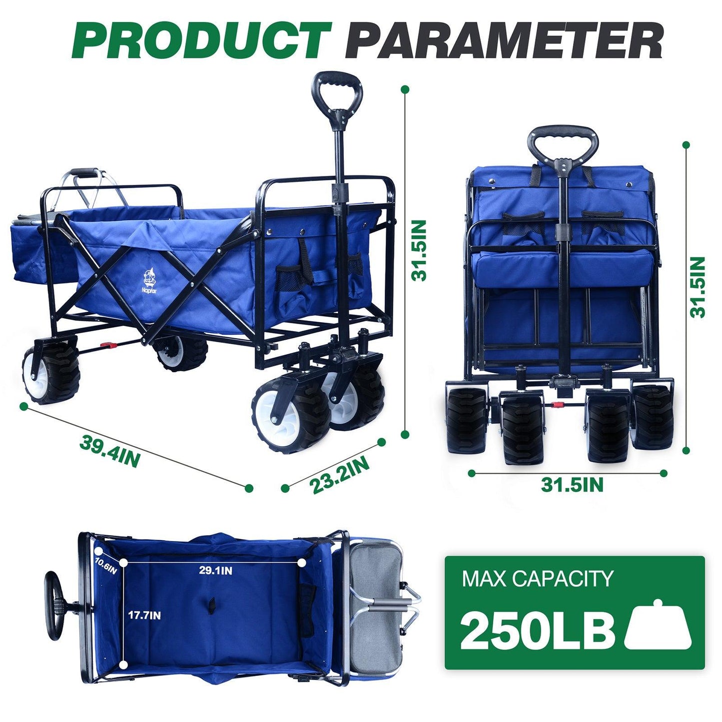 Collapsible Wagon,Wagons Carts Foldable Grocery Cart On Wheels Beach Wagon Foldable Cart With Wheels, Cooler Bag, Cup Holders,Cargo Net,Shopping, Garden,SportsBlue - US Style Inc.