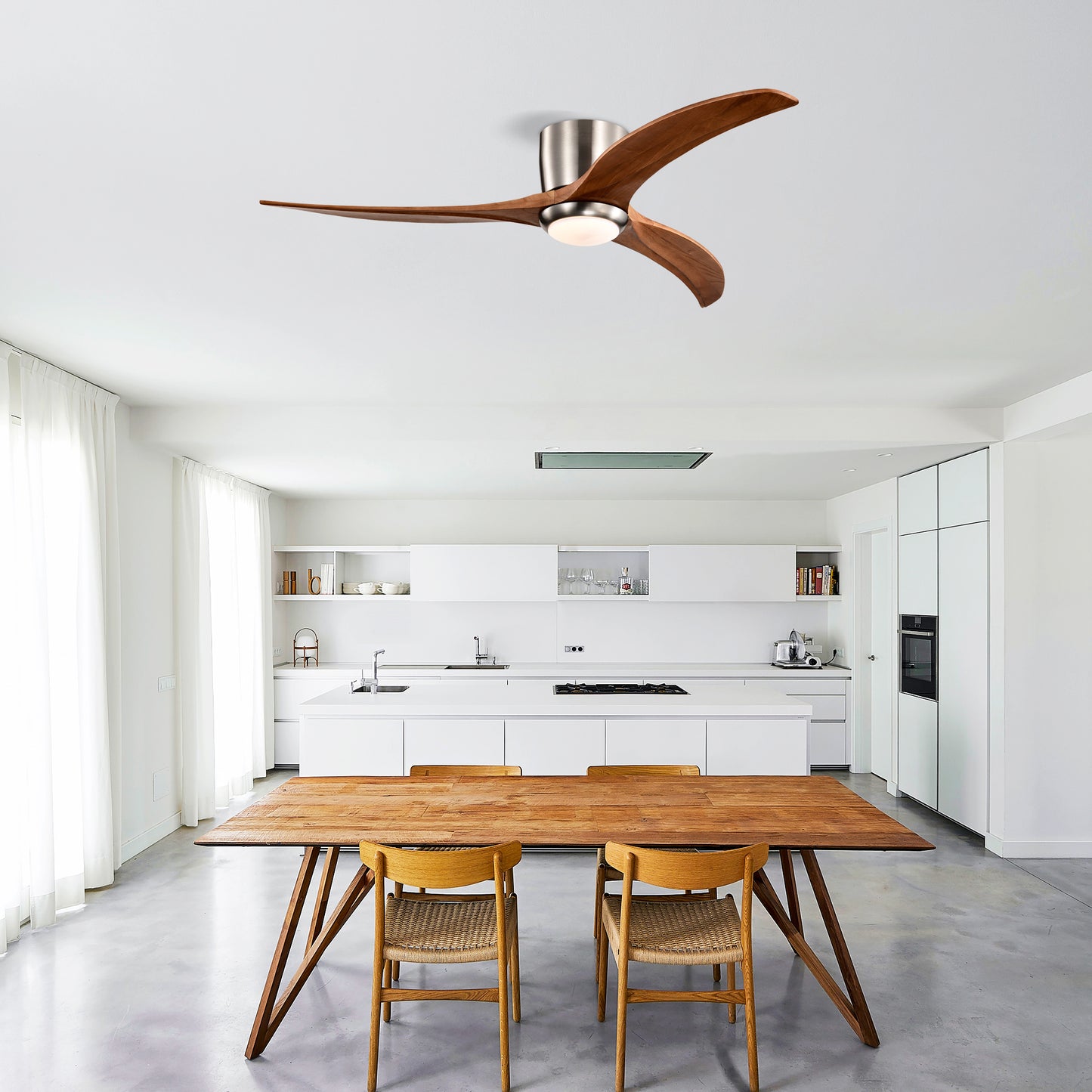 52 Inches Recessed Ceiling Fan Solid Wood Blade Ceiling Fan With Light Strip Remote Control, Noiseless Reversible Motor, 6 Speed, Suitable For Patio Living Room, Bedroom, Indoor, Nickel Color