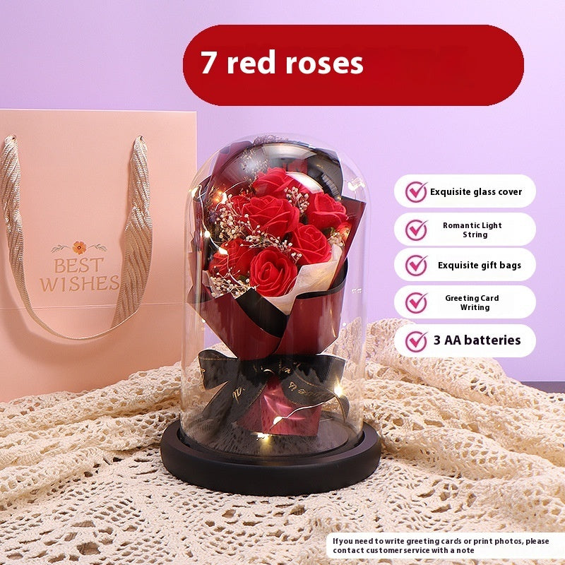 Luminous Rose Glass Cover Finished Product For Girlfriend Bouquet Birthday Gift Practical Decoration