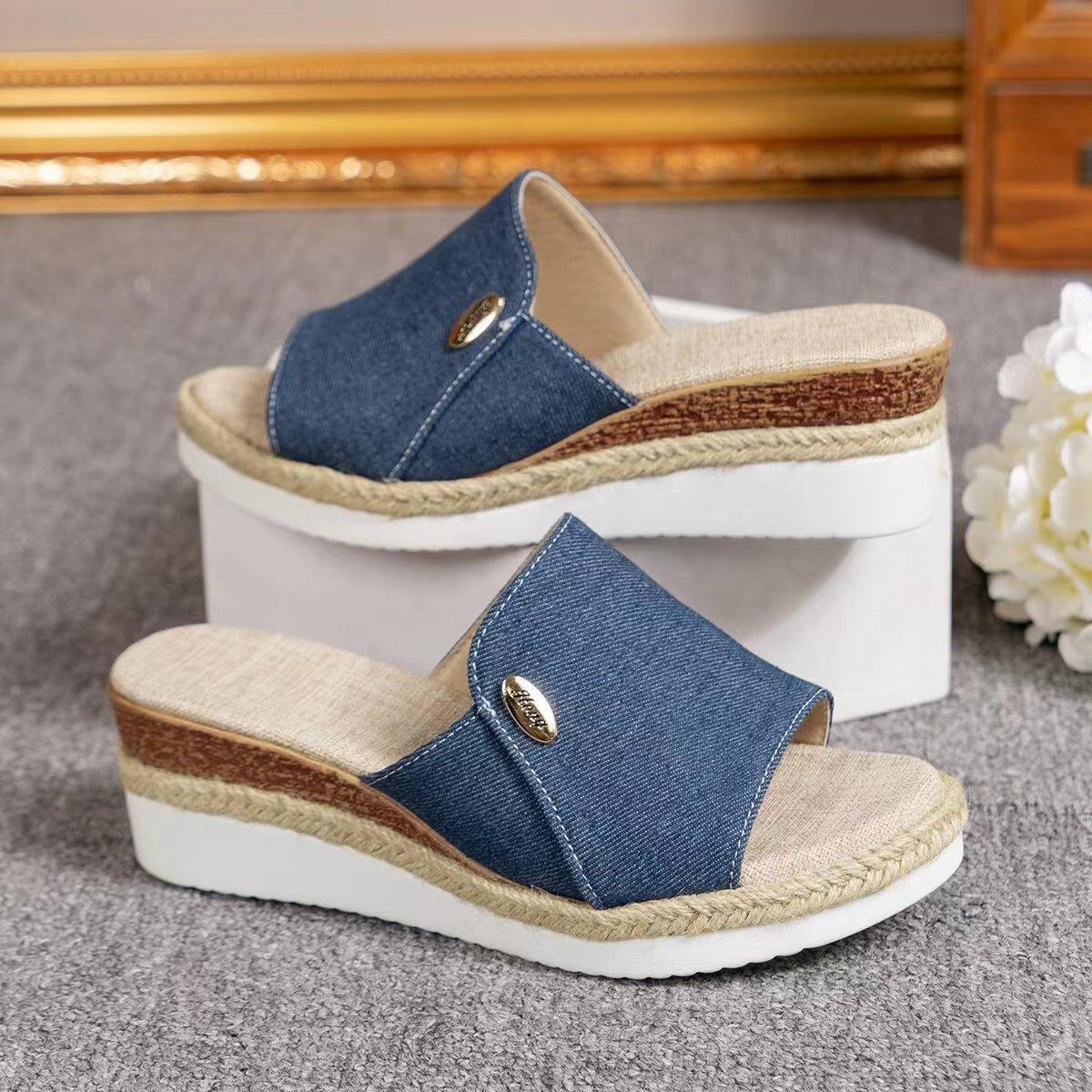 Denim Canvas Wedges Sandals Summer Fashion Hemp High Heel Slippers Outdoor Thick Bottom Fish Mouth Shoes For Women - US Style Inc.