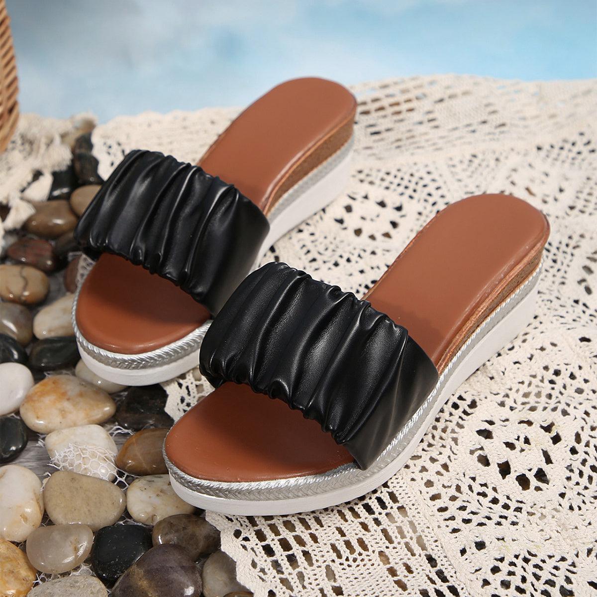 Pleated Slippers Summer Fashion Wedge Sandals For Women Outdoor Slides Simple Thick-soled Beach Shoes - US Style Inc.