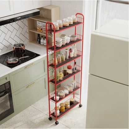 6-Tier Rolling Cart Gap Kitchen Slim Slide Out Storage Tower Rack With Wheels,Baskets,6 For Kitchen,Bathroom Laundry Narrow Piaces Utility Cart,Red