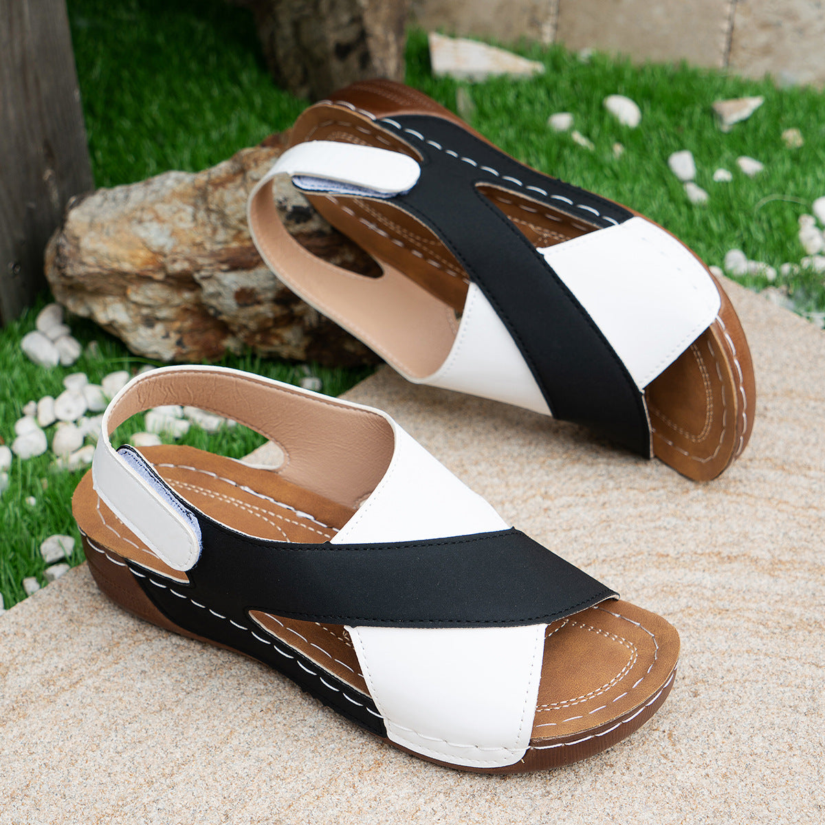 Summer Wedges Sandals with Color Block Cross-Strap Design