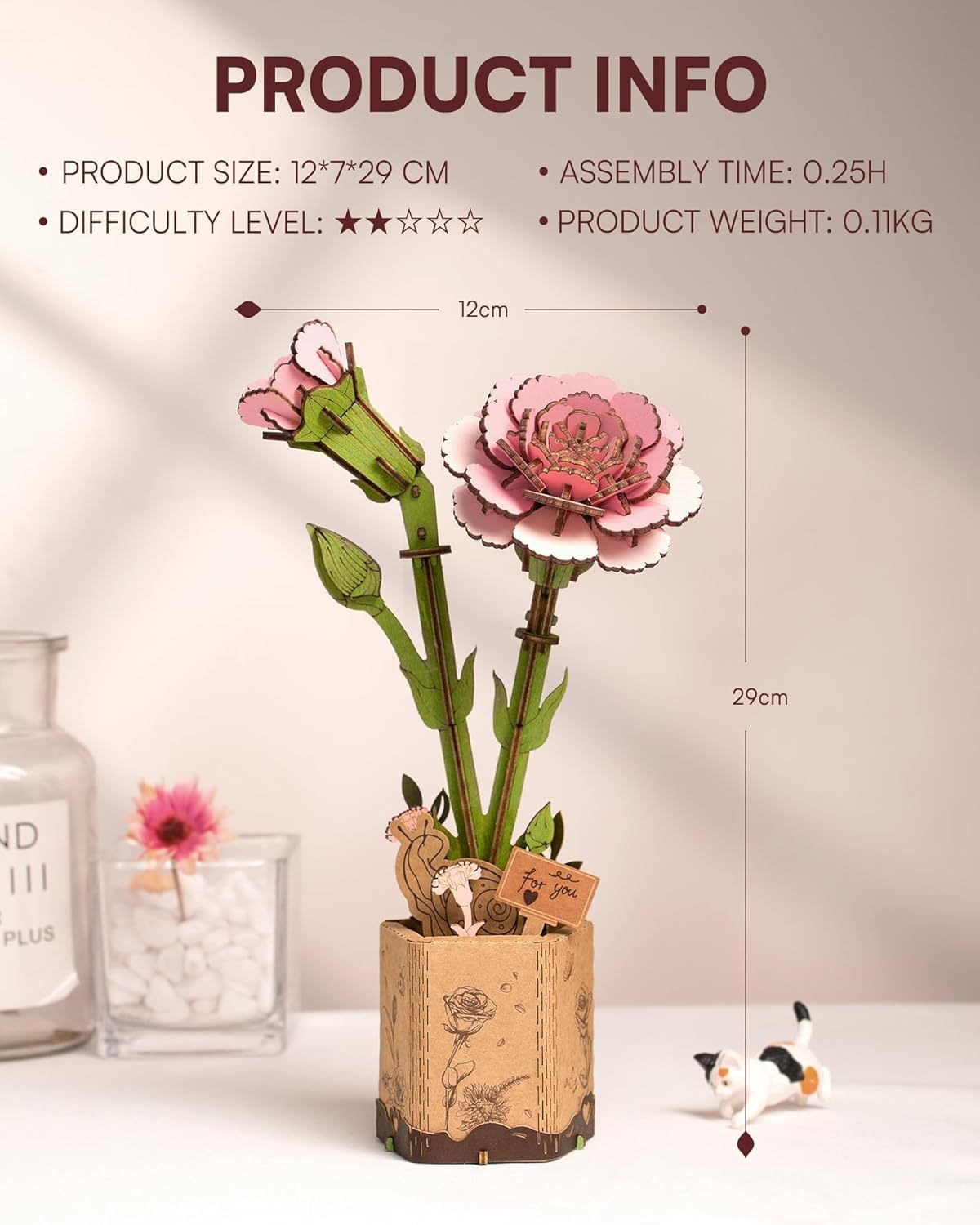 ROBOTIME 3D Puzzle Flowers Wooden Model Kits For Adults To Build, Artificial Flowers For Decoration, Home Decor Accessories Living Room, Gifts For Women On Valentine's Day & Birthday, TW051