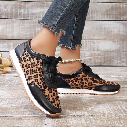 Women's Flat Bottomed Leopard Print Lace-Up Casual Sports Shoes