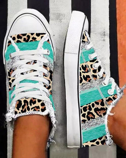 Leopard Print 3D Printed Color Matching Casual Canvas Shoes