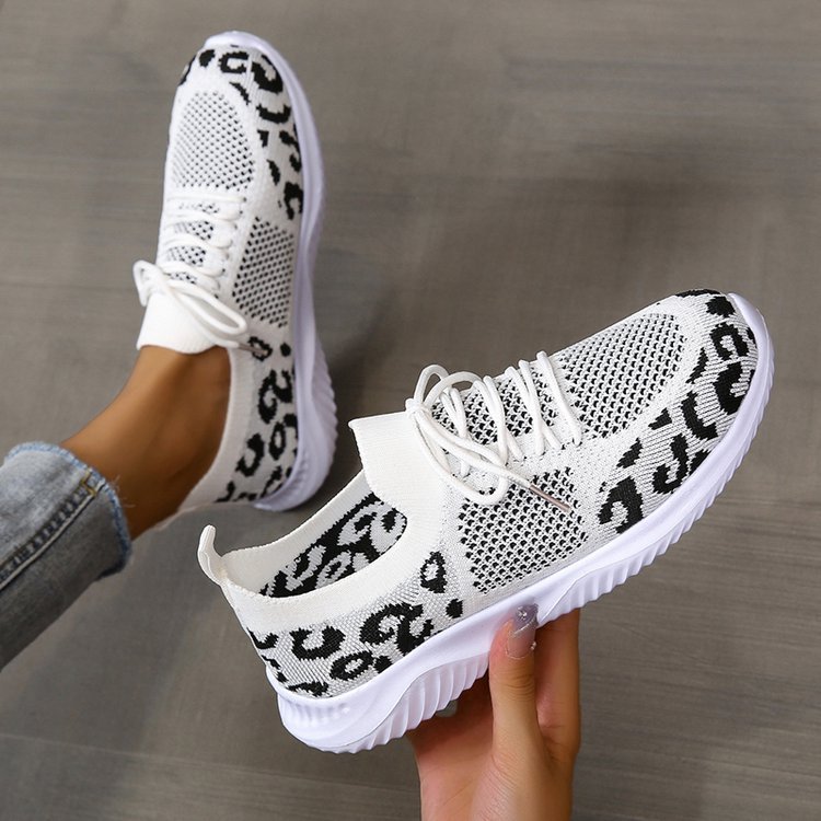 White Shoes Women Leopard Print Lace-up Sneakers