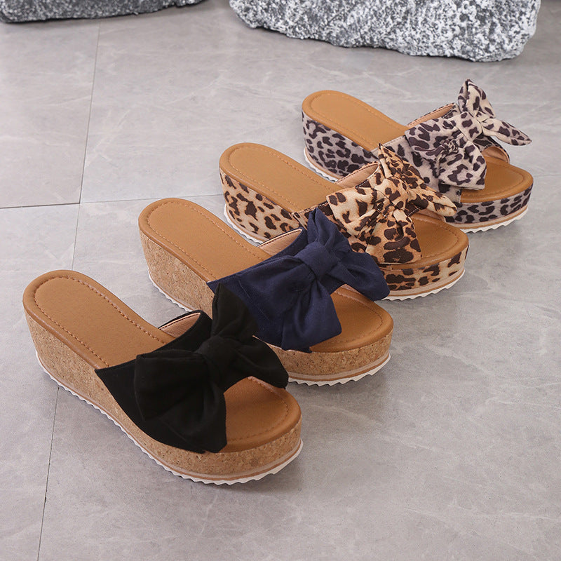 Fashion Bow Leopard Print Wedge Slippers for Women