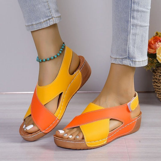 Summer Wedges Sandals with Color Block Cross-Strap Design