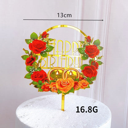 Dark Flowers Acrylic Happy Birthday Baking Cake Decoration