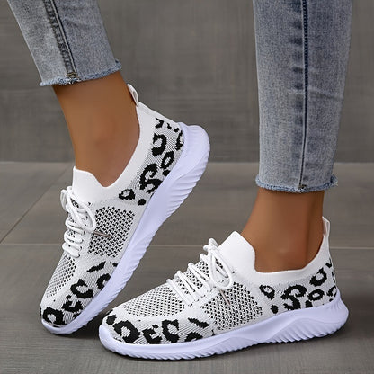 White Shoes Women Leopard Print Lace-up Sneakers