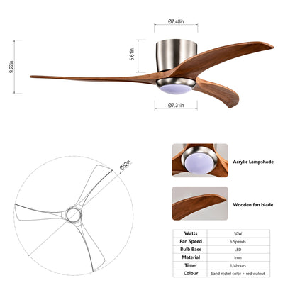 52 Inches Recessed Ceiling Fan Solid Wood Blade Ceiling Fan With Light Strip Remote Control, Noiseless Reversible Motor, 6 Speed, Suitable For Patio Living Room, Bedroom, Indoor, Nickel Color