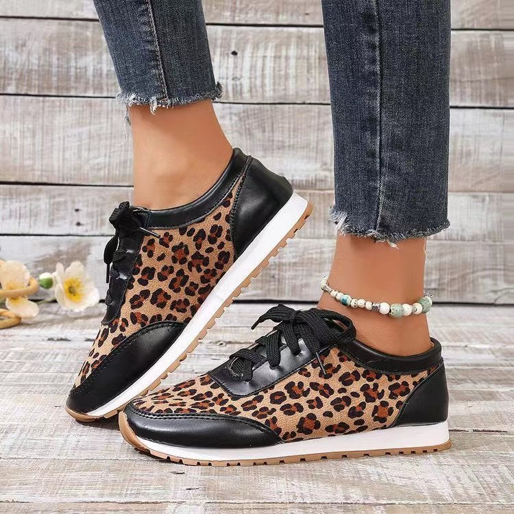 Women's Flat Bottomed Leopard Print Lace-Up Casual Sports Shoes