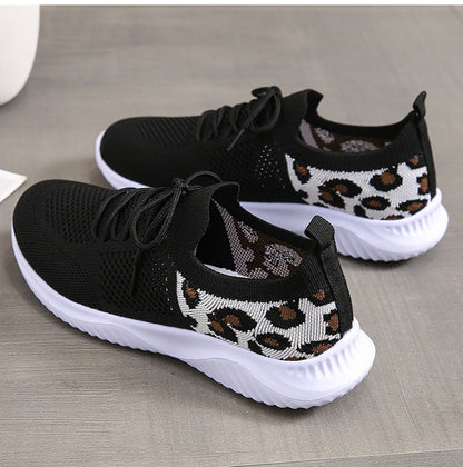 White Shoes Women Leopard Print Lace-up Sneakers