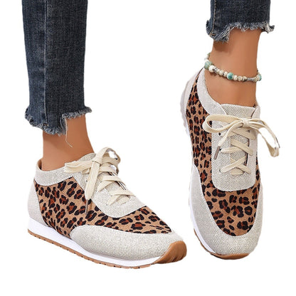 Women's Flat Bottomed Leopard Print Lace-Up Casual Sports Shoes