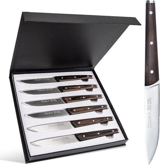 6Pcs Steak Knife Set Serrated Stainless Steel Utility with Wooden Handle for Home Dining Restaurant - US Style Inc.