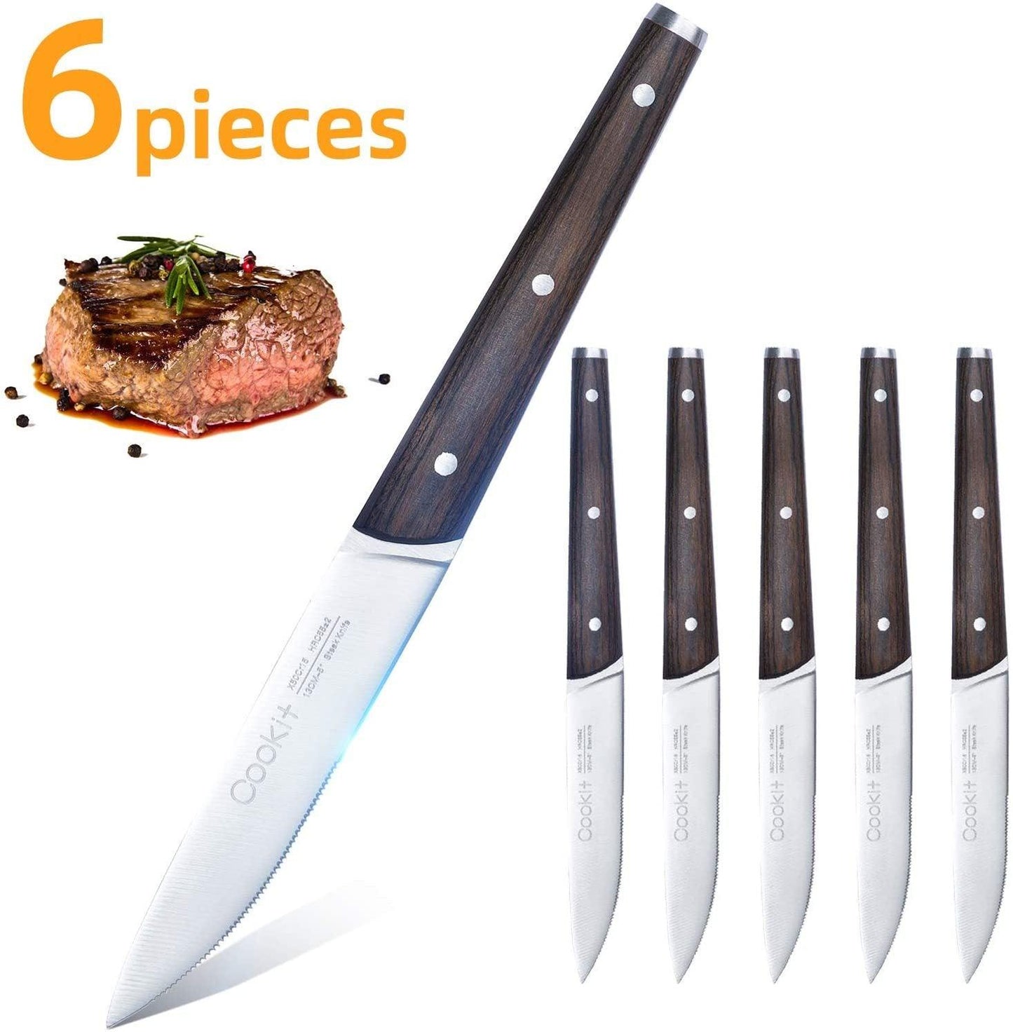 6Pcs Steak Knife Set Serrated Stainless Steel Utility with Wooden Handle for Home Dining Restaurant - US Style Inc.