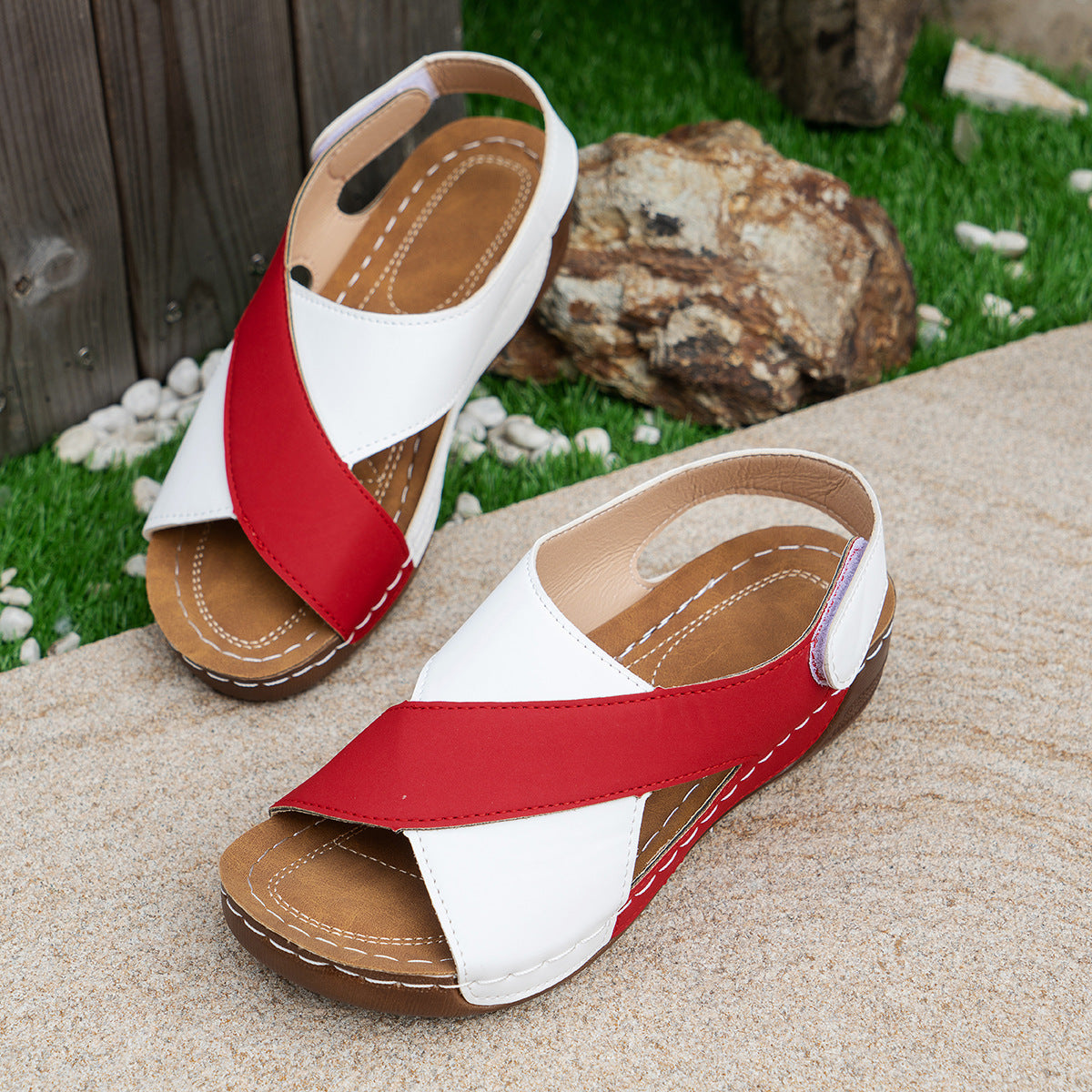 Summer Wedges Sandals with Color Block Cross-Strap Design