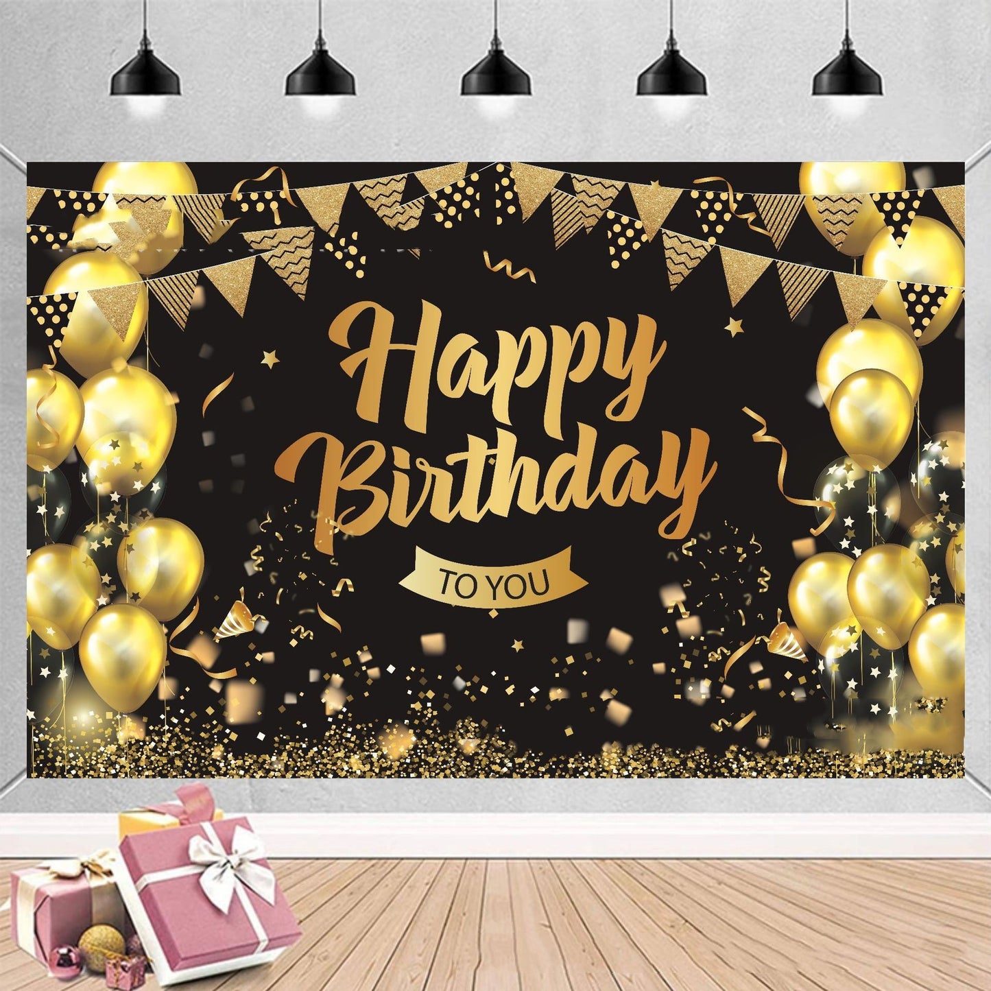 Black Gold Birthday Background Flag Decoration
