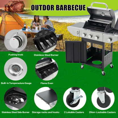 Propane Grill 3 Burner Barbecue Grill Stainless Steel Gas Grill With Side Burner, 37,000 BTU Outdoor Cooking, Patio, Garden Barbecue Grill, Black And Silver