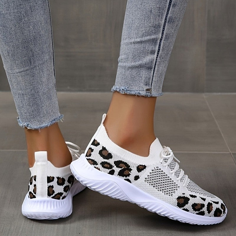 White Shoes Women Leopard Print Lace-up Sneakers