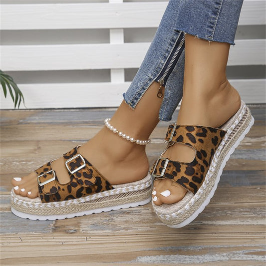 Double Buckle Leopard Print Flat Sandals