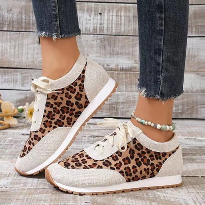 Women's Flat Bottomed Leopard Print Lace-Up Casual Sports Shoes