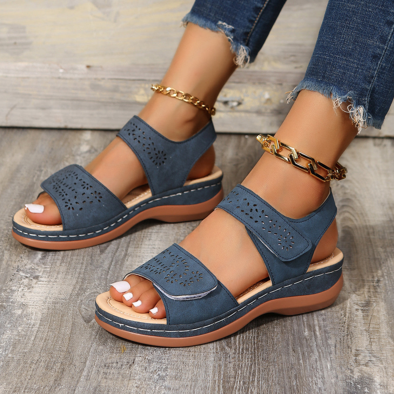 Women's Leather Slope-Heeled Casual Thick Roman Sandals