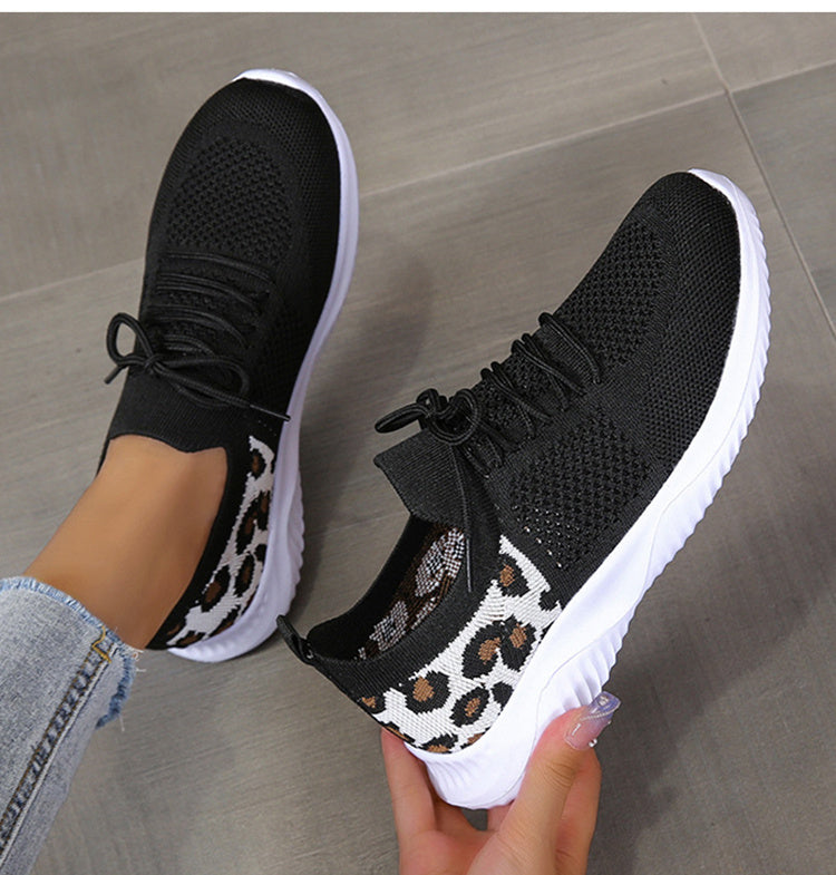 White Shoes Women Leopard Print Lace-up Sneakers