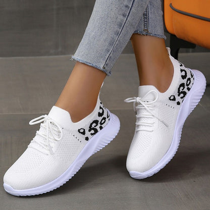 White Shoes Women Leopard Print Lace-up Sneakers