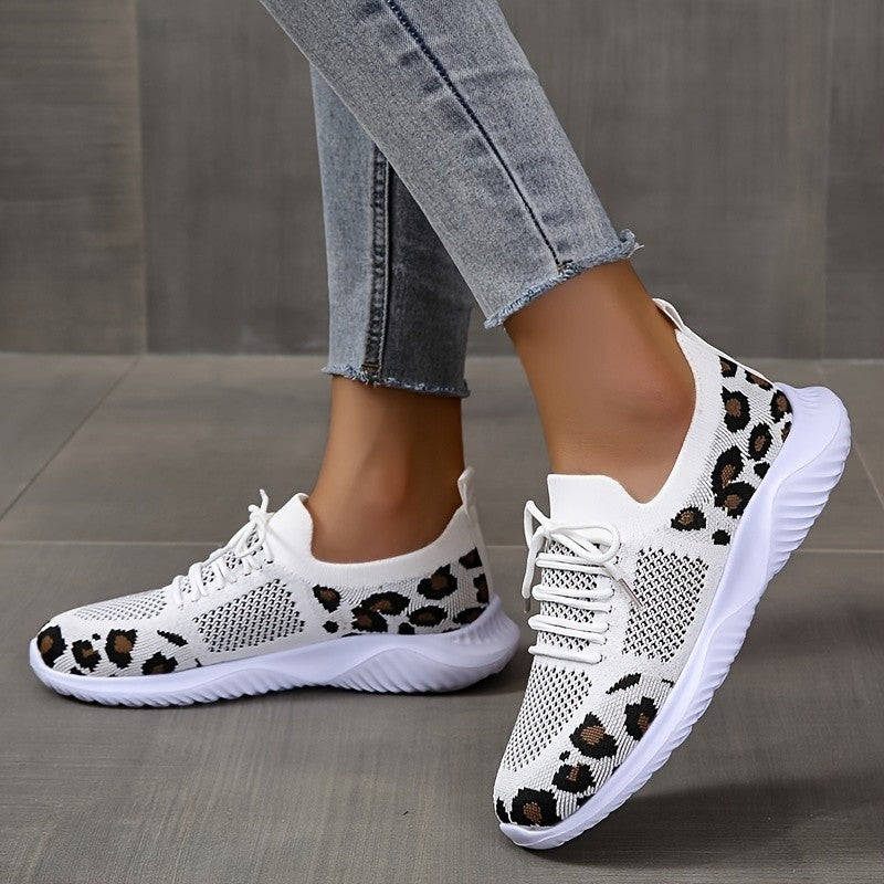 White Shoes Women Leopard Print Lace-up Sneakers