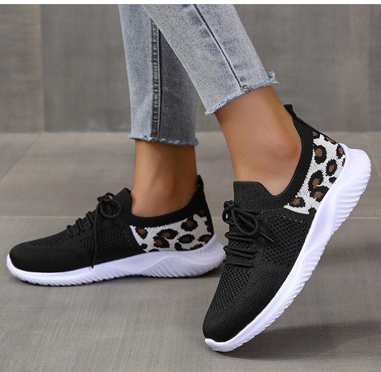 White Shoes Women Leopard Print Lace-up Sneakers