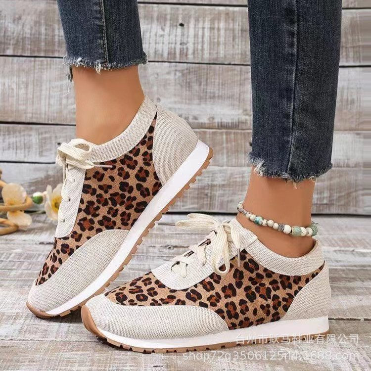 Women's Flat Bottomed Leopard Print Lace-Up Casual Sports Shoes