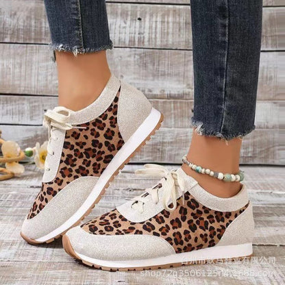 Women's Flat Bottomed Leopard Print Lace-Up Casual Sports Shoes