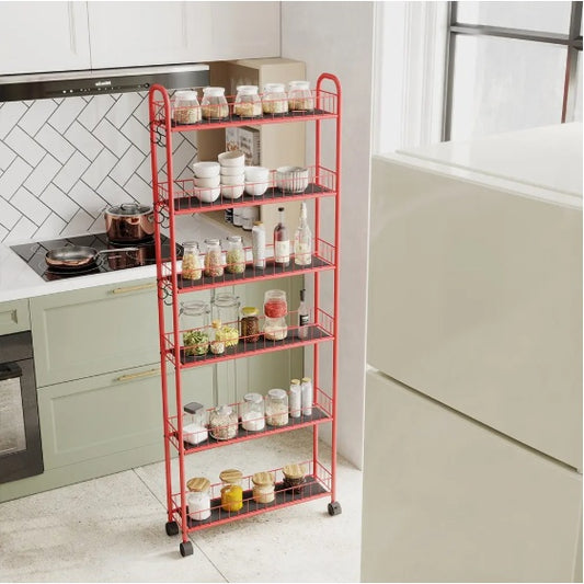 6-Tier Rolling Cart Gap Kitchen Slim Slide Out Storage Tower Rack With Wheels,Baskets,6 For Kitchen,Bathroom Laundry Narrow Piaces Utility Cart,Red