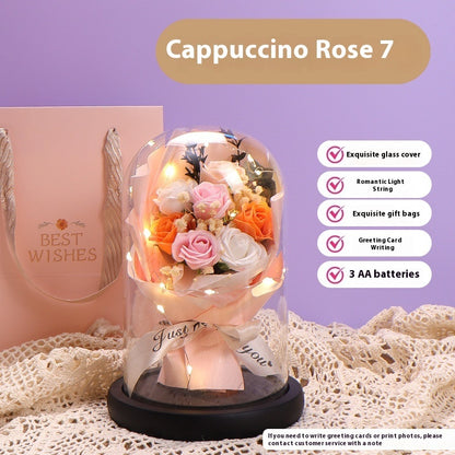 Luminous Rose Glass Cover Finished Product For Girlfriend Bouquet Birthday Gift Practical Decoration