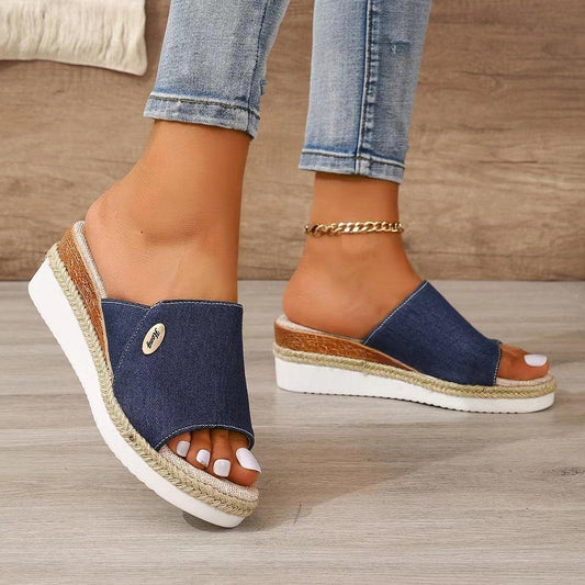 Denim Canvas Wedges Sandals Summer Fashion Hemp High Heel Slippers Outdoor Thick Bottom Fish Mouth Shoes For Women - US Style Inc.